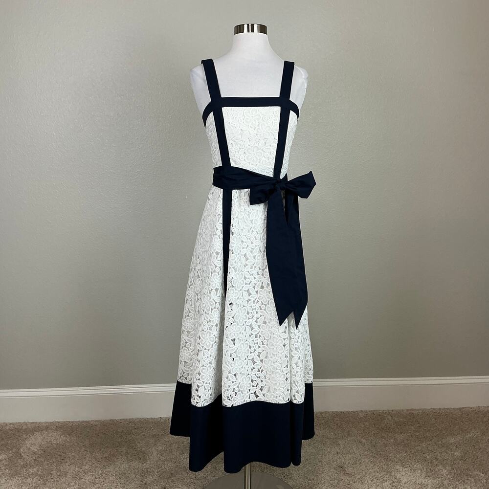 Badgley Mischka Lace Fit and Flare Midi Cocktail Dress Blue and White Size 0 - Picture 2 of 12